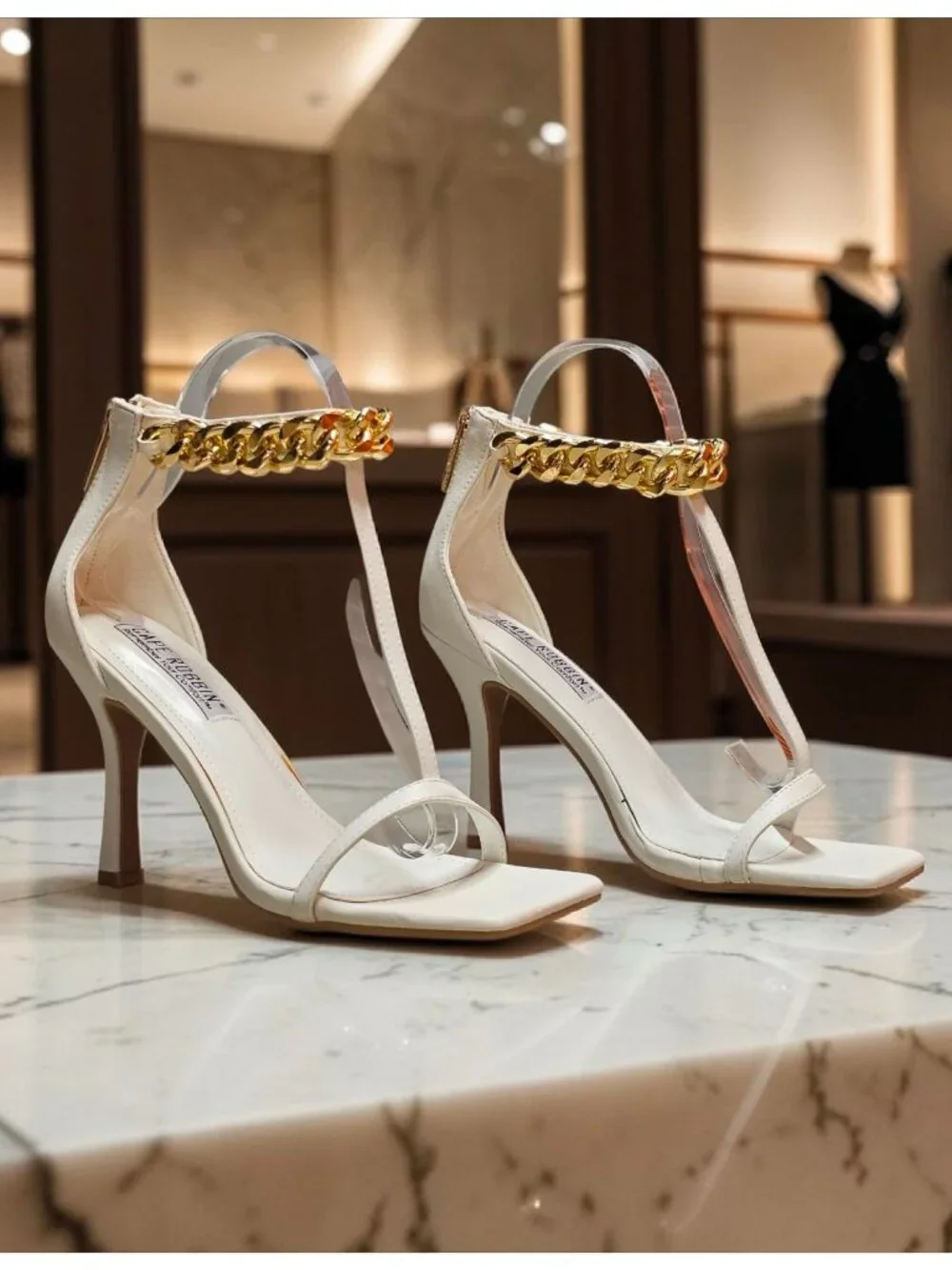 Gold Chain Ankle Strap White High Heel Sandals With Square Toe Stiletto Heel Chi